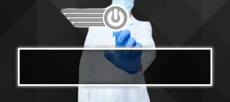 Man Standing Holding Tablet And Pressing On Virtual Button. Business Man Carrying Pad Tapping Switch Showing New Futuristic Technologies.の写真素材