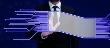 Man Standing Holding Tablet And Pressing On Virtual Button. Business Man Carrying Pad Tapping Switch...