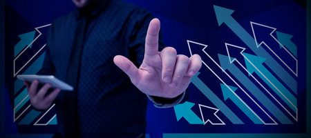 Man Standing Holding Tablet And Pressing On Virtual Graph. Business Man Carrying Pad Tapping Switch...