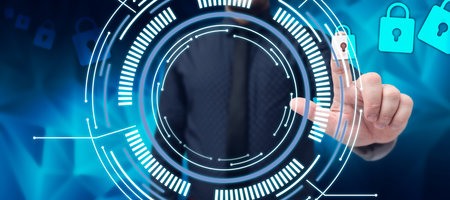 Man Standing Holding Tablet And Pressing On Virtual Button. Business Man Carrying Pad Tapping Switch Showing New Futuristic Technologies.の写真素材