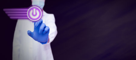 Man Standing Holding Tablet And Pressing On Virtual Button. Business Man Carrying Pad Tapping Switch Showing New Futuristic Technologies.の写真素材