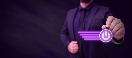Man Standing Holding Tablet And Pressing On Virtual Button. Business Man Carrying Pad Tapping Switch Showing New Futuristic Technologies.の写真素材