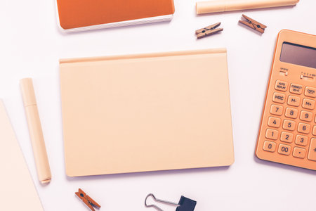 Multiple Assorted Collection Office Stationery Photo With Pens Pencils Notepads Notebook Ruler Stapler Scissors Clippers Paper Clips Holders Clipboard Placed Over Tableの写真素材