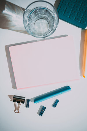 Multiple Assorted Collection Office Stationery Photo With Pens Pencils Notepads Notebook Ruler Stapler Scissors Clippers Paper Clips Holders Clipboard Placed Over Tableの写真素材