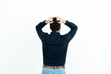 Man Standing Backwards Coming Up With New Amazing Ideas. Businessman Thinking Deeply For Old Wonderful Plans. Guy Brain Storming Brilliant Strategies.の写真素材