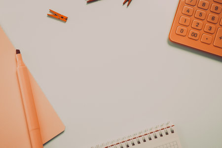 Multiple Assorted Collection Office Stationery Photo With Pens Pencils Notepads Notebook Ruler Stapler Scissors Clippers Paper Clips Holders Clipboard Placed Over Tableの写真素材