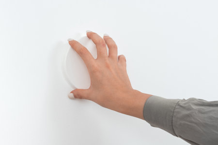 Hand Holding Plastic Cover Unlocking New Technologies. Palm Carrying Cover Part Displaying Solving Late Innovative Virtual Ideas.の写真素材