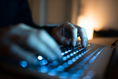 Businessman Typing Recent Updates On Lap Top Keyboard On Desk. Man In Office Writing Important Message On Computer. Executive Inserting Crutial Data Into Pc.の写真素材