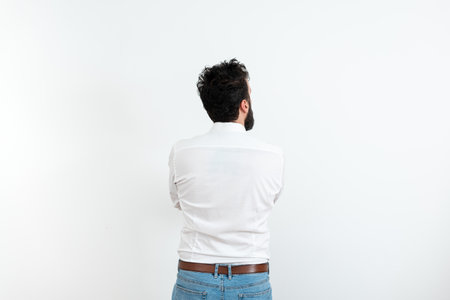 Man Standing Backwards Coming Up With New Amazing Ideas. Businessman Thinking Deeply For Old Wonderful Plans. Guy Brain Storming Brilliant Strategies.の写真素材