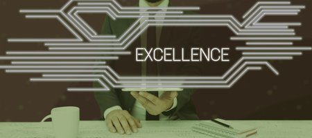 Sign displaying Excellence. Business idea the carrying out or putting effect of plan, or course of action Businessman With A Tablet Displaying Glowing Lines In Futuristic Frame.の写真素材