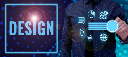 Writing displaying text Design. Business overview drawing produced to show the look and function or workings of object Man Pointing On Power And Digital Symbols Making A Presentation.の写真素材