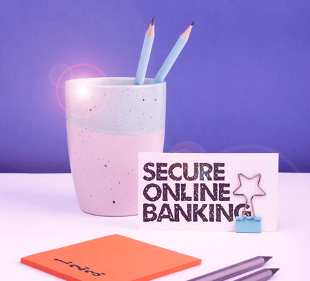 Hand writing sign Secure Online Banking. Business approach protect digital bank for internet transactionsの写真素材