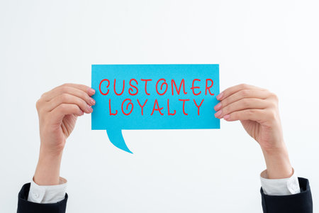 Conceptual caption Customer Loyalty. Conceptual photo buyers adhere to positive experience and satisfaction Businesswoman Holding Speech Bubble With Important Messages.の写真素材
