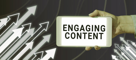 Text sign showing Engaging Content. Business idea fitting or designing a workplace to the user s is needs Businessman Holding A Tablet On Hand With Arrows Going Up Abstract Design.の写真素材