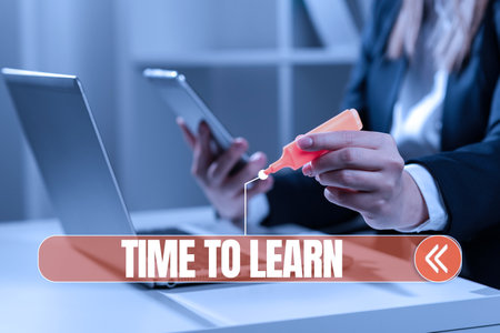 Sign displaying Time To Learn. Business approach resting and keep calm after doing something tiring or stress Illustration With Man Typing New Ideas On Lap Top With Rockets Around.の写真素材