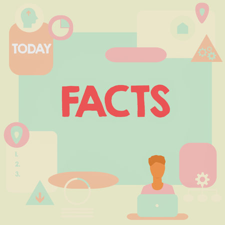 Writing displaying text Facts. Conceptual photo something that is known to have happened or to exist have proven true Man Sitting On Desk Working And Presenting New Technologies.の写真素材