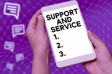Hand writing sign Support And Service. Business showcase Technical Assistance Customer Service Business Technology Internet Typewriting End User License Agreement, Typing New Network Passwordの写真素材