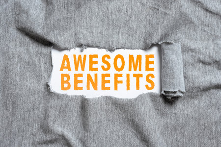 Text showing inspiration Awesome Benefits. Business idea tools for managing personal finances and building assets Thinking New Writing Concepts, Breaking Through Writers Blockの写真素材