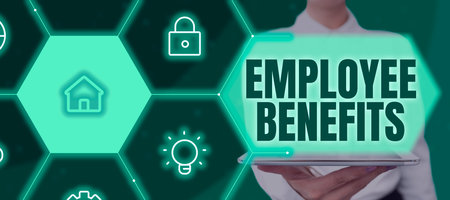 Text showing inspiration Employee Benefits. Word for form of compensation paid by employers to workers Woman Holding A Pad With Laptop And Other Signs Giving Crucial Data.の写真素材