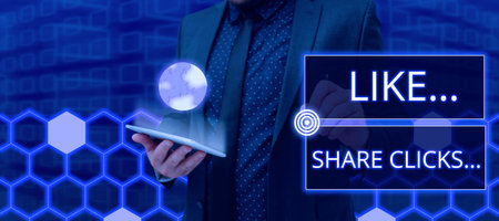 Conceptual caption Like Share Clicks . Business overview Content Marketing to Increase Engagement...