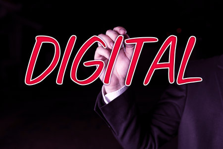 Sign displaying Digital. Conceptual photo an opportunity allowing you to do something you want to do Businessman Pointing Important Informations With Pen In Hand.の写真素材