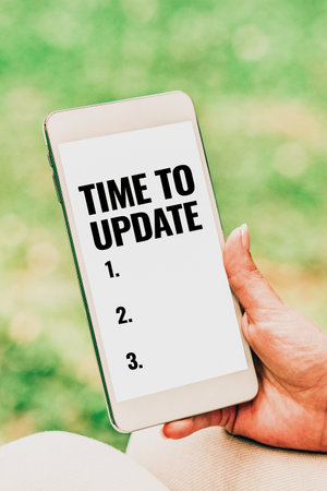 Text sign showing Time To Update. Word Written on American brand United States Manufactured Local product Design Drawing Of Some Comic Frames As Background With Speech Bubblesの写真素材