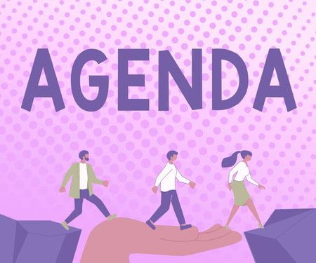 Writing displaying text Agenda. Concept meaning list of meeting activities in the order which they are to be taken up Colleagues Crossing Obstacles Hand Bridge Presenting Teamwork Collaboration.の写真素材