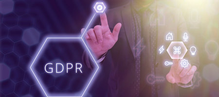 Writing displaying text Gdpr. Business overview regulation in EU law on data protection and privacy in European Union Businessman Pointing With Two Fingers On S And Presenting New Ideas.の写真素材
