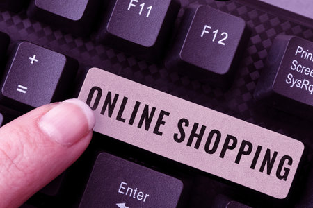 Text caption presenting Online Shopping. Conceptual photo ecommerce which let the consumer buy goods using the Internetの写真素材