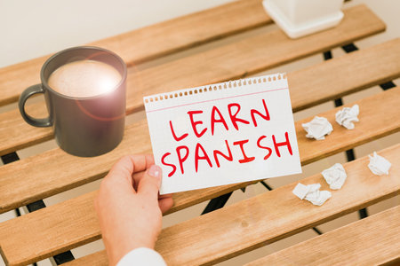 Sign displaying Learn Spanish. Internet Concept to train writing and speaking the national language of Spainの写真素材