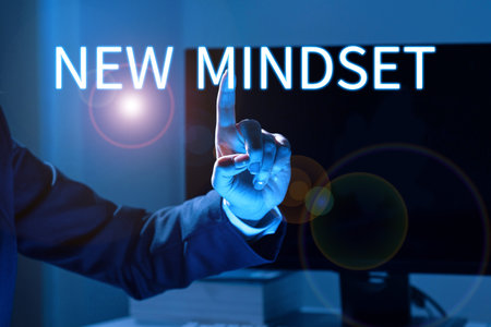 Sign displaying New Mindset. Word Written on freshly madeup thoughts and beliefs shaping a person s is mindの写真素材