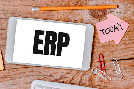 Text sign showing Erp. Business approach enterprise resource planning centralized database for business processesの写真素材