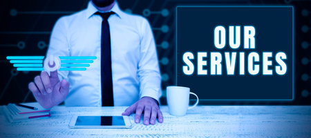 Text caption presenting Our Services. Business idea The occupation or function of serving Intangible...