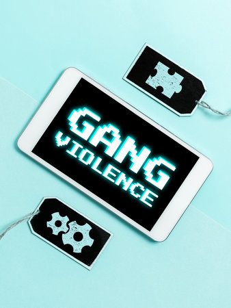 Text caption presenting Gang Violence. Business showcase infringement of the laws caused by group of...