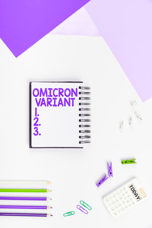Writing displaying text Omicron Variant. Conceptual photo mild to severe respiratory illness that is caused by a new type of coronavirusの写真素材