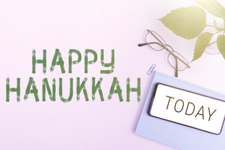 Text caption presenting Happy Hanukkah. Business overview Jewish festival celebrated from the 25th of Kislev to the 2nd of Tevetの写真素材