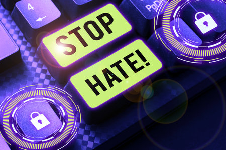 Text caption presenting Stop Hate. Word for Prevent the aggressive pressure or intimidation to othersの写真素材