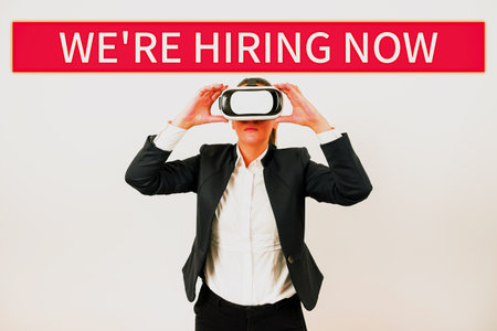 Conceptual display WeRe Hiring Now. Word Written on recently employ someone or pay someone to do particular jobの写真素材