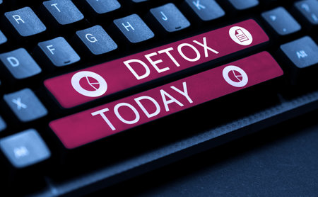 Text showing inspiration Detox. Internet Concept Moment for Diet Nutrition health Addiction treatment cleanseの写真素材