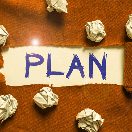 Text showing inspiration Plan. Word Written on Start of a detailed proposal of doing or achieving somethingの写真素材