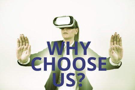 Text showing inspiration Why Choose Us. Business idea Reasons for choosing our brand over others argumentsの写真素材
