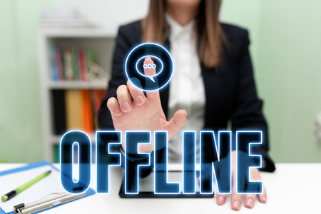 Text sign showing Offline. Word for Not having directly connected to a computer or external networkの写真素材
