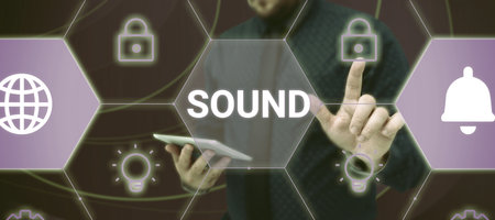 Text caption presenting Sound. Internet Concept vibrations that travel through air can be heard when they reach earの写真素材