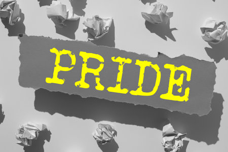 Conceptual caption Pride. Business idea feeling of deep pleasure satisfaction derived from own achievementsの写真素材