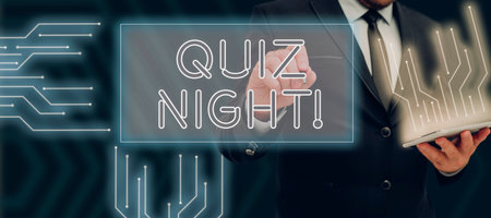 Conceptual caption Quiz Night. Internet Concept evening test knowledge competition between individualsの写真素材