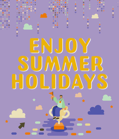 Writing displaying text Enjoy Summer Holidays. Business idea relax and enjoy yourself away from home Go vacationの写真素材