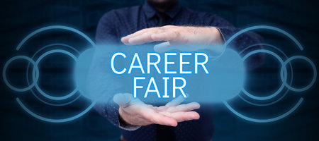 Text sign showing Career Fair. Word Written on an event at which job seekers can meet possible employersの写真素材