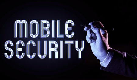 Hand writing sign Mobile Security. Word Written on efforts to secure data on mobile devices such as...