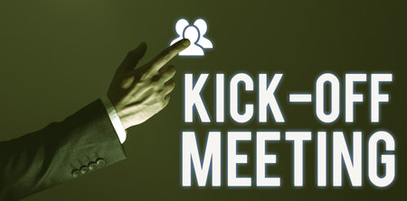 Text sign showing Kick Off Meeting. Concept meaning first meeting with the project team and the clientの写真素材