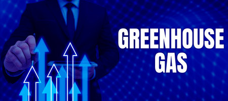 Writing displaying text Greenhouse Gas. Business showcase carbon dioxide contribute to greenhouse effect by absorbing infrared radiationの写真素材